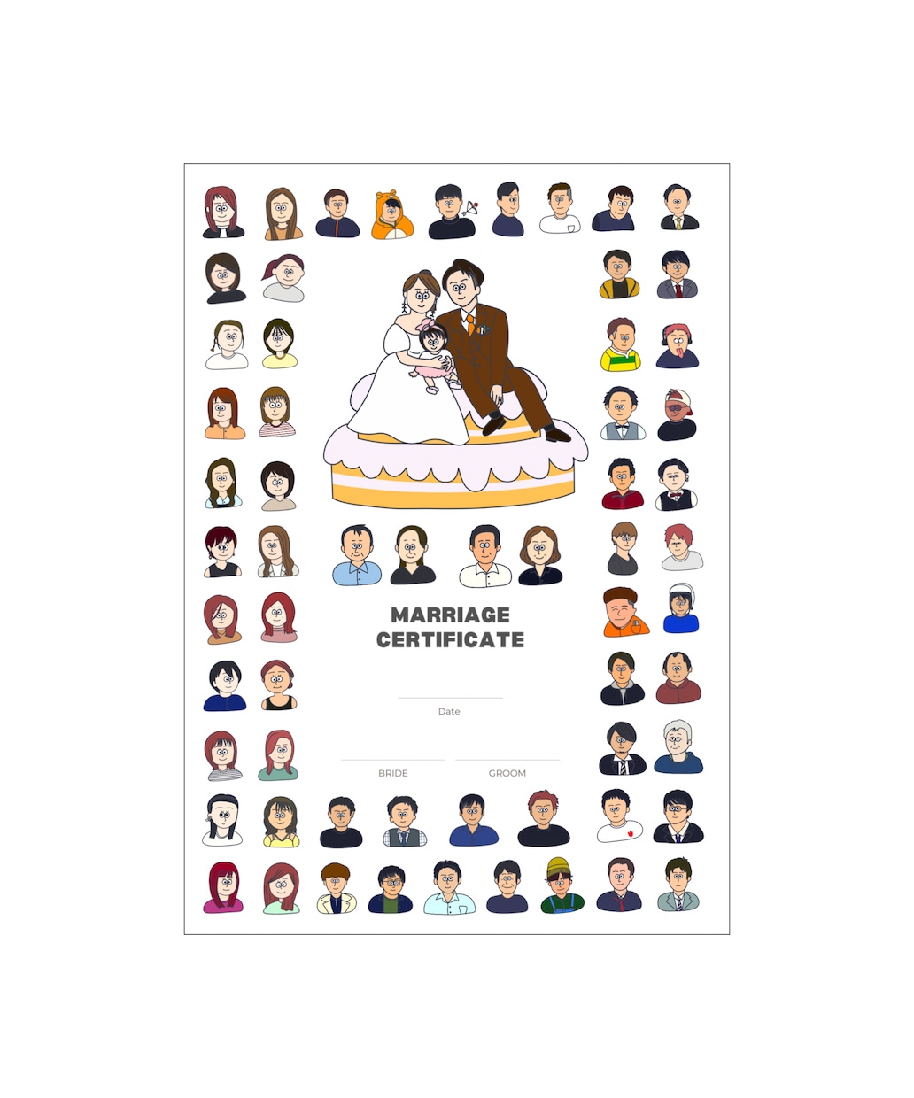 POPな似顔絵入りの結婚証明書を作成します ゲストの似顔絵を入れた想い出に残る結婚証明書をお作りします イメージ1