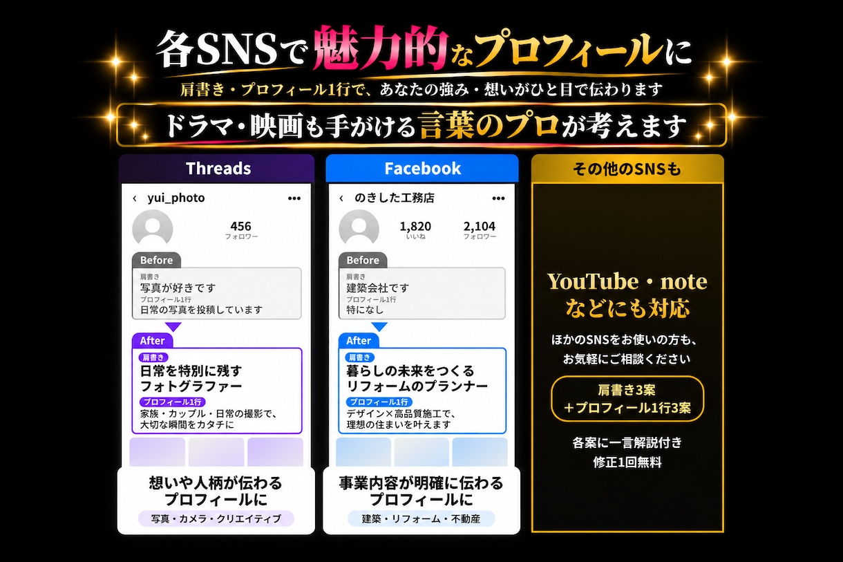SNSの肩書きとプロフ1行をプロが魅力的に考えます 各3案＋一言解説／ドラマ・映画も手がけた20年超のプロ イメージ2