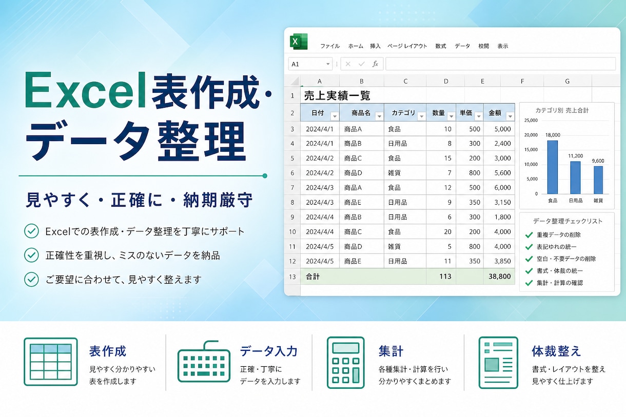 Excelで表作成・データ整理・見やすく整えます Excelでの表作成・データ整理をお手伝いします。 イメージ1
