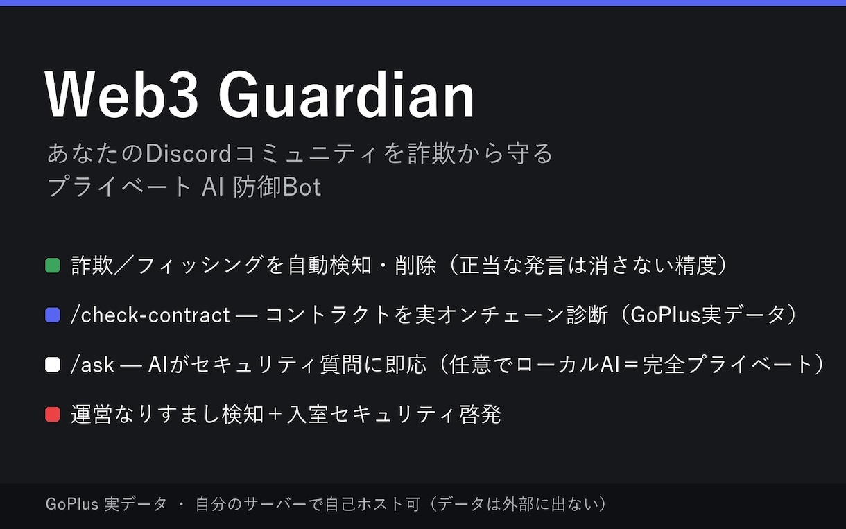 Web3詐欺対策のDiscord防御Bot作ります 実オンチェーン診断＋AI搭載｜自己ホストでデータ非公開 イメージ2