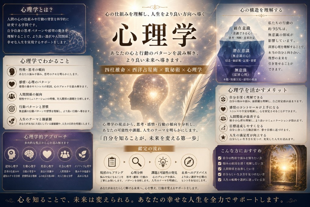一つの占いでは見えない真実へ。本質を占います 四柱推命 × 西洋占星術 × 心理分析3つの視点で読み解く。 イメージ5
