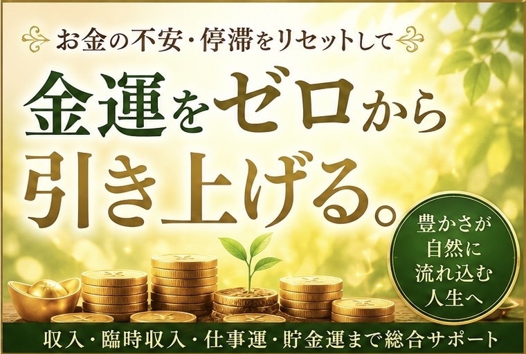 金運の土台を整え豊かさを受け取る流れを育てます 停滞したお金の巡りを整え、収入・臨時収入・豊かさの器を広げる イメージ1