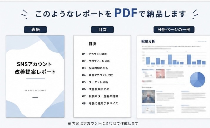 SNSアカウントを分析し改善提案します 現状の課題を見える化し、次にやるべきことを明確にします イメージ2