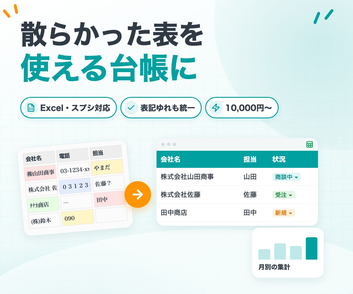 Excel・スプシを使える台帳に作り直します 散らかった顧客・売上・在庫の表を整理｜集計まで自動に イメージ1