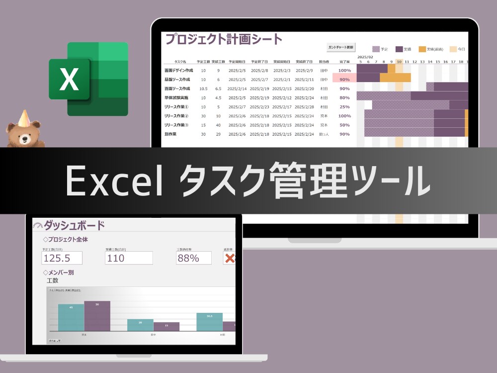 ダッシュボード付きタスク管理をExcel提供します ダッシュボード付きで、担当者ごとの進捗もひと目で確認可能です イメージ1