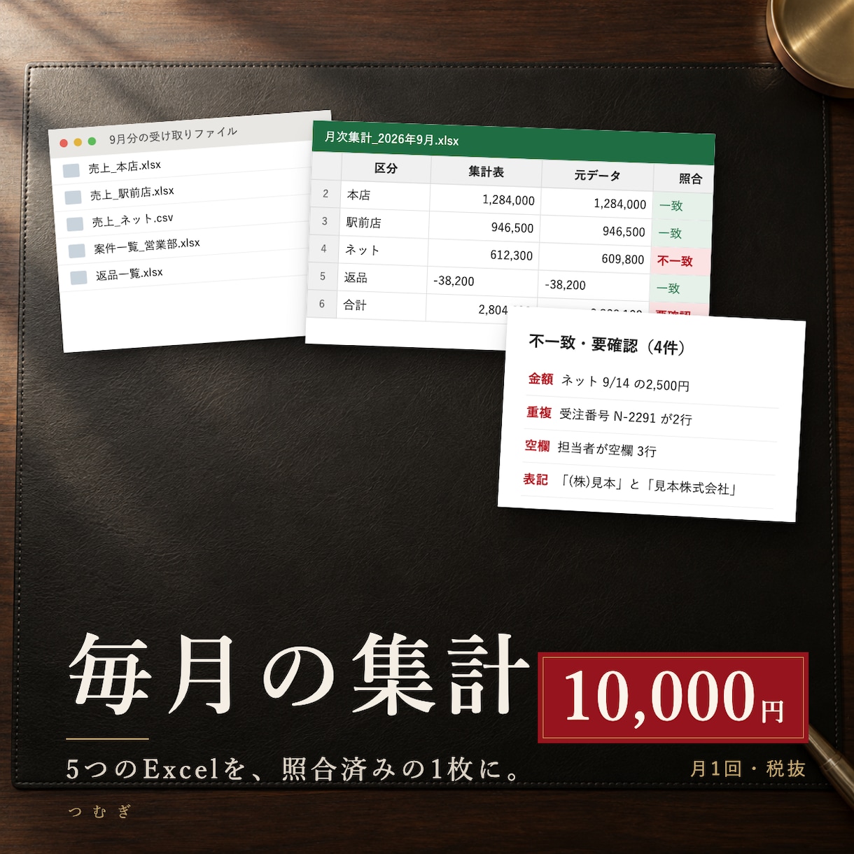 毎月のExcel集計と照合・更新を代行します 5ファイル・1万行まで。集計表と不一致一覧を毎月納品 イメージ1
