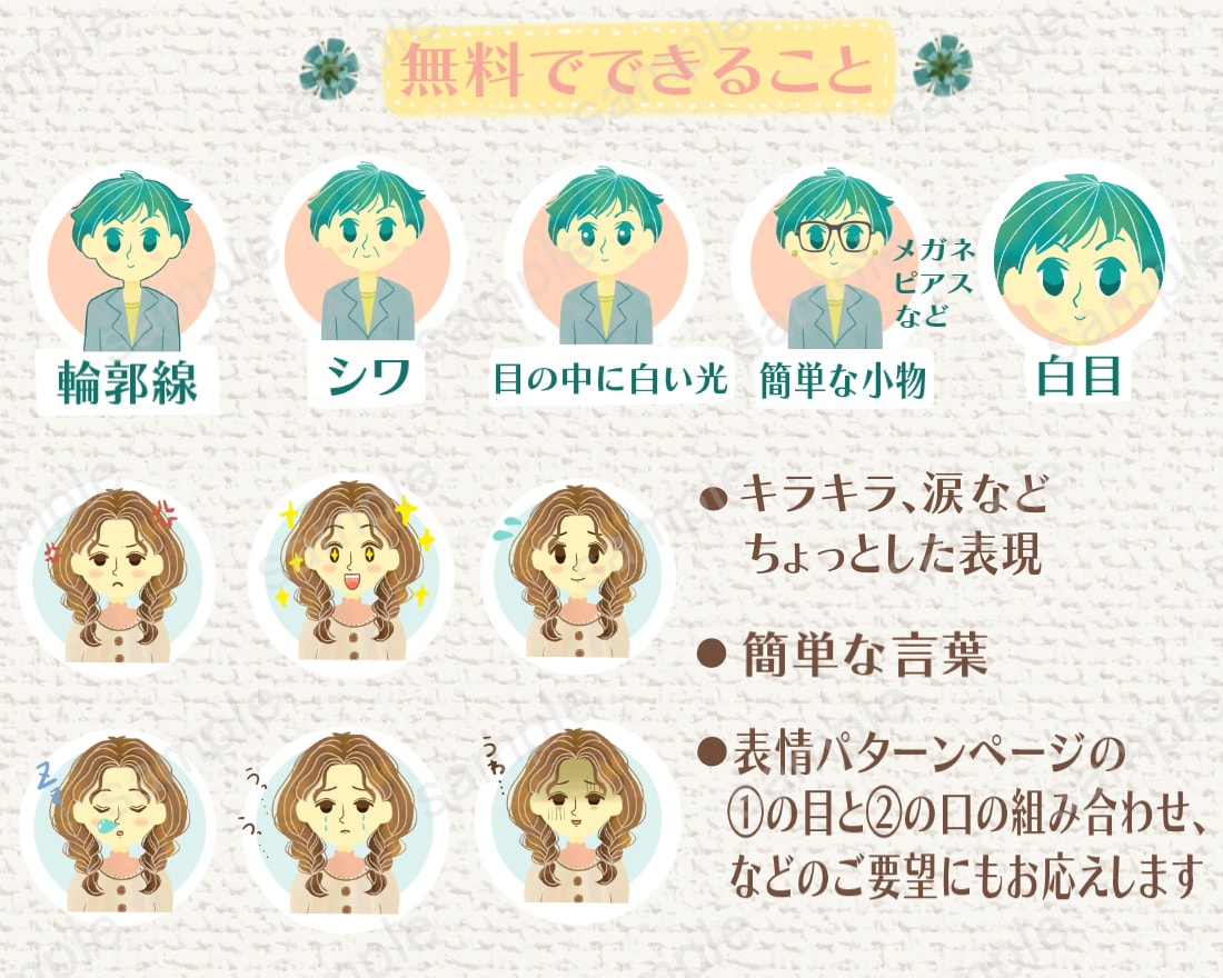 表情3つ付き☆水彩塗りの可愛いイラスト描きます ♪ 27種から選べる表情でSNSやブログを華やかに☆ イメージ7