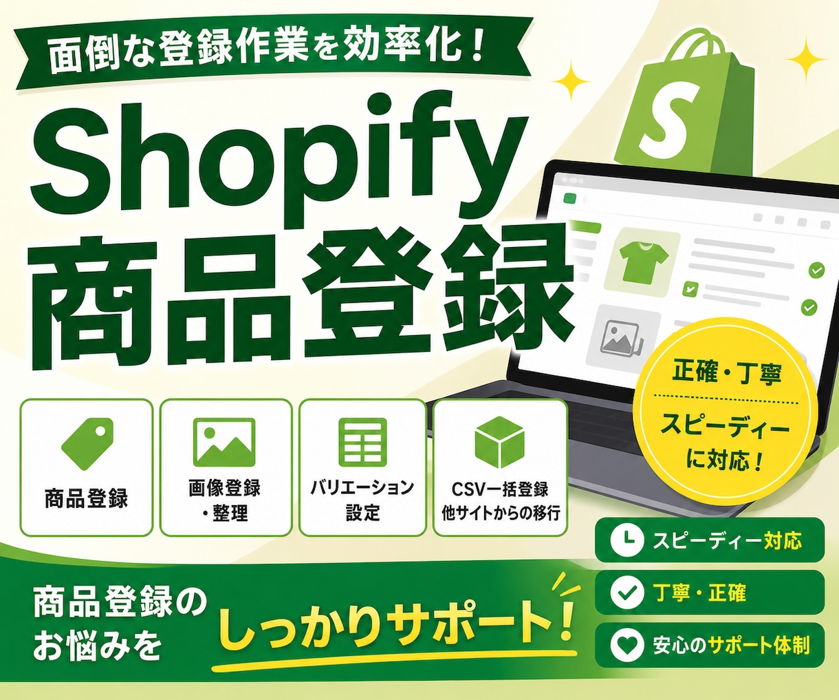 Shopify商品登録を迅速・正確に対応します 他プラットフォームからの移行検討もご相談ください。 イメージ1