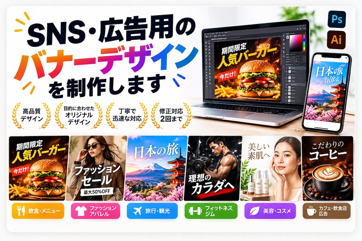 SNS・広告用の目を引くバナーを制作します SNS・Web広告・商品画像まで丁寧に対応します イメージ1