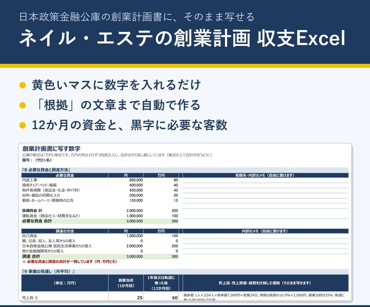 ネイル・エステ開業の収支計画Excelを販売します 公庫の創業計画書に写すだけ。根拠の文章も自動 イメージ1