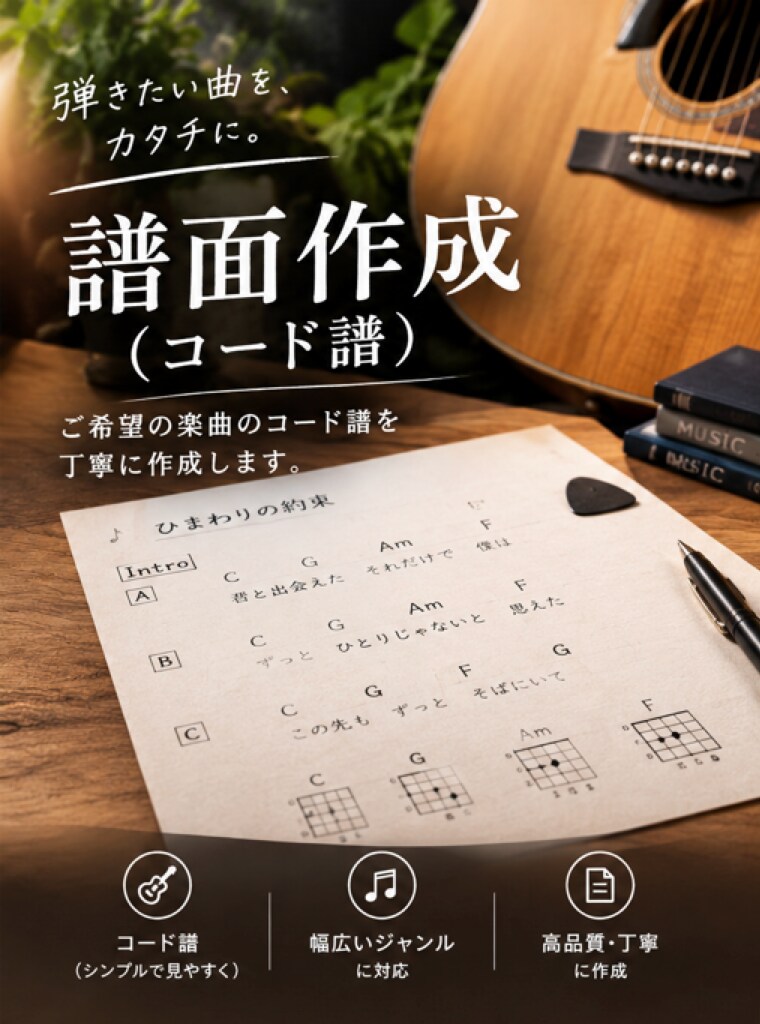 耳コピでコード譜作成します 弾きたい曲をコード譜に作成します。コード譜が必要な方は是非！ イメージ1