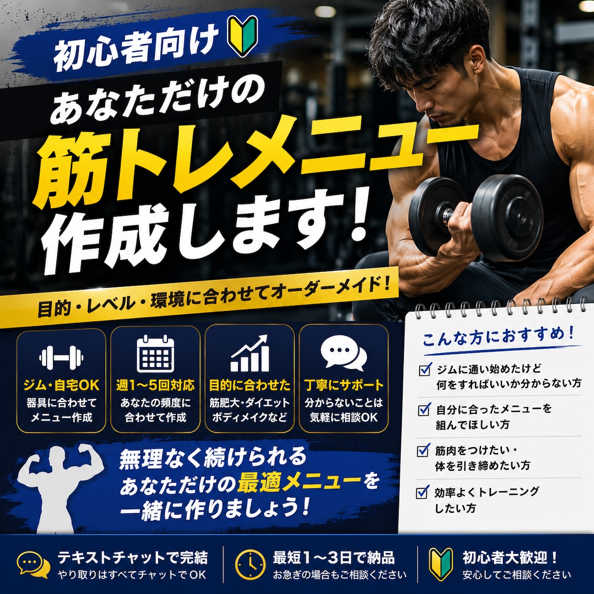 あなた専用の筋トレメニューを作ります 初心者向けに目的や週の頻度に合わせて作成 イメージ1