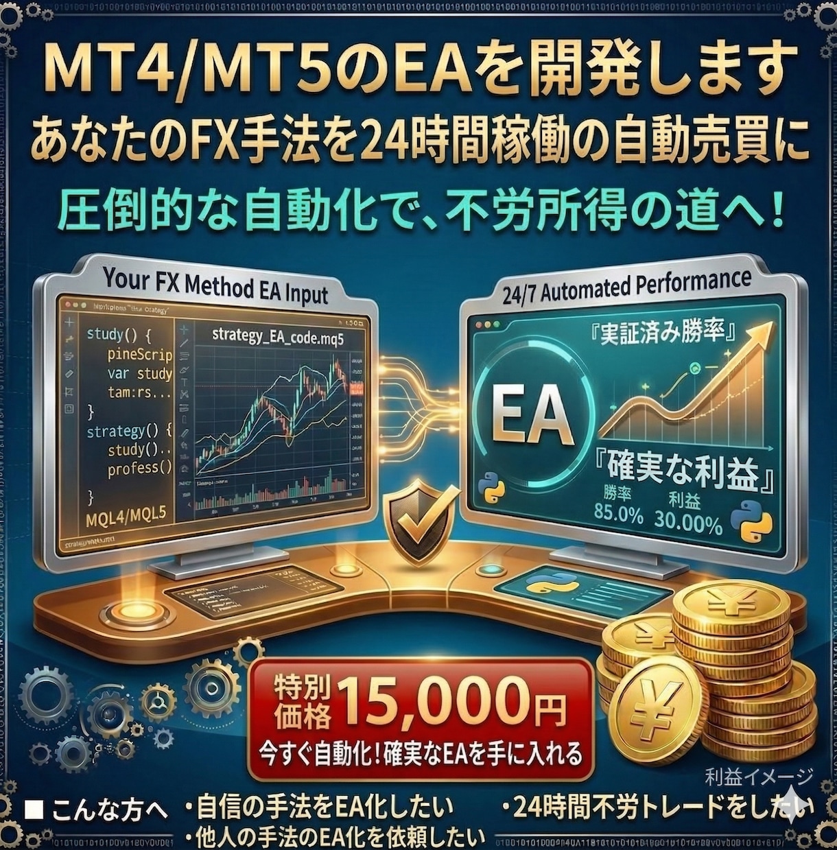 MT4/MT5のEAをプロが開発します あなたのFX手法を24h稼働の自動売買に　Pine変換も対応 イメージ1
