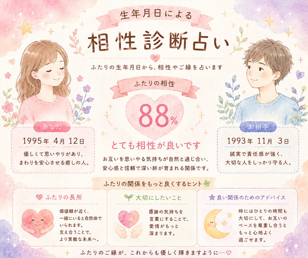生年月日による相性診断占いを行います 生年月日でわかる運命の相性をお伝えします イメージ1