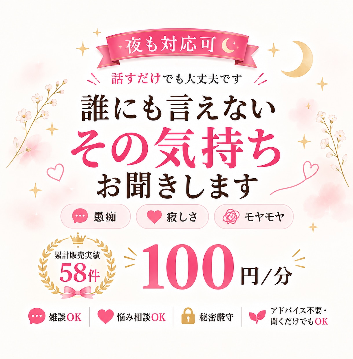 愚痴やモヤモヤ何でもお聞きします 話し相手が欲しい、愚痴を聞いて欲しい、寂しい…何でも イメージ1