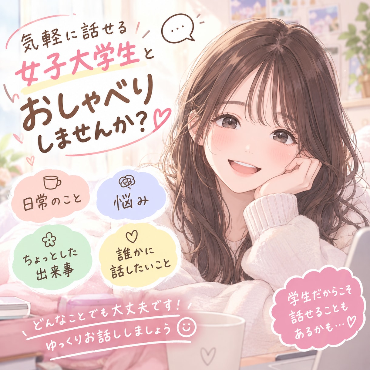女子大学生があなたの気持ちを優しく受け止めます 小さな出来事からお悩みまで、どんなことでも聴かせてください！ イメージ1