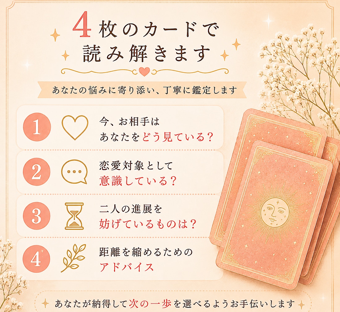あの人は私を恋愛対象として見てる？か占います 今の印象・進展を妨げるもの・距離の縮め方まで読み解きます イメージ2
