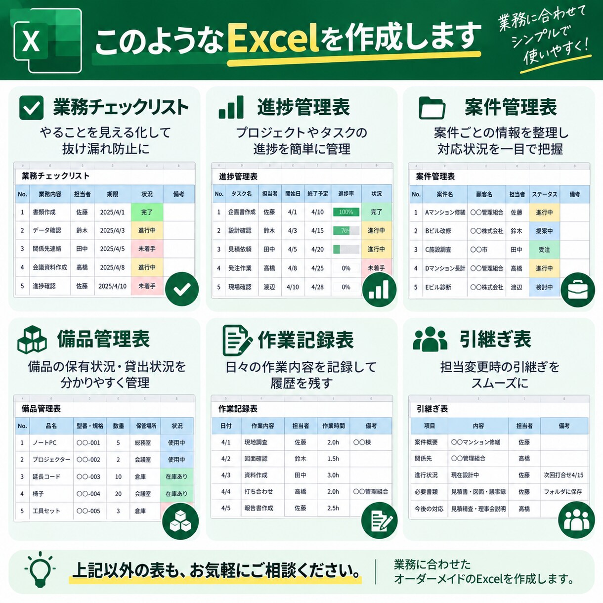 Excelの管理表・チェックリストを作ります 手書き・メモ・今ある表から使えるExcelに整理します イメージ3