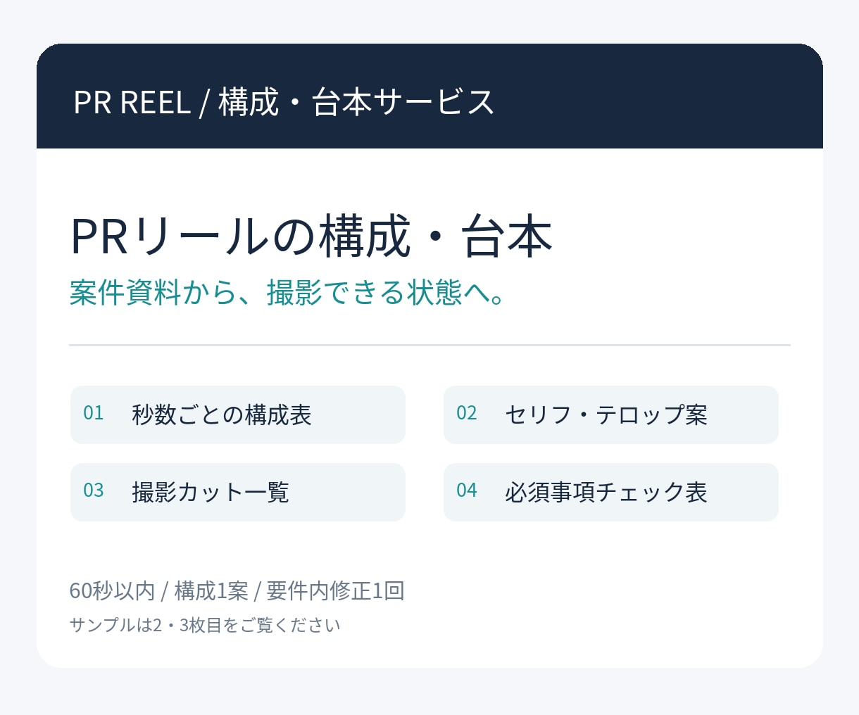PRリールの構成・台本を作成します 案件資料からセリフ・テロップ・撮影カットまで整理 イメージ1