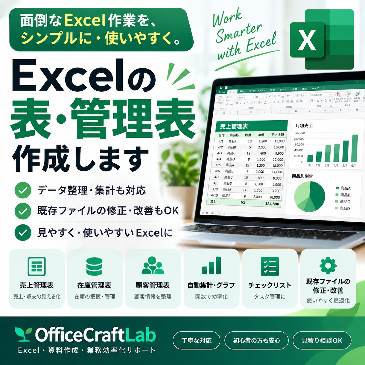 Excelの表・管理表を見やすく使いやすく作ります 面倒な集計・データ整理・既存ファイルの改善もお任せください イメージ1