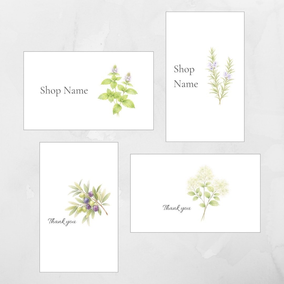 ショップカードまたはサンキューカードを作成します 100枚印刷込み｜送料無料｜水彩フラワー｜グリーン系 イメージ1