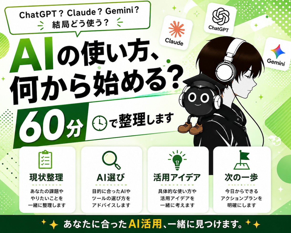 AIの使い方、何から始めるか60分で整理します まずはご相談ください。動くものを1つ持ち帰れます イメージ1