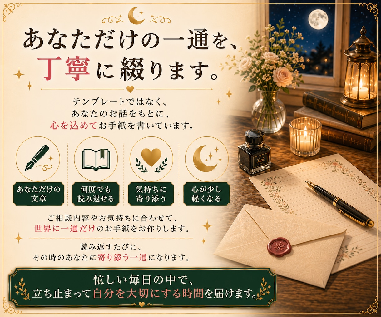 あなたらしい答えを見つけるお手紙をお届けします 答えを押し付けず、あなたが納得できる一歩を一緒に見つけます。 イメージ6