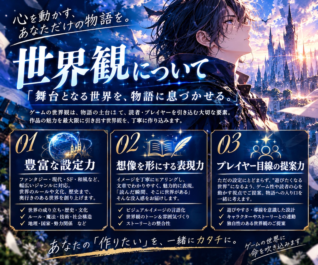 惹き込まれる世界観を形に。心に残るシナリオ作ります メインストーリー・分岐・キャラ設定・あらすじまで制作可能 イメージ2