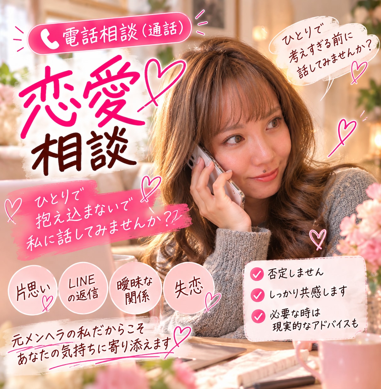 恋愛のモヤモヤや不安を何でもお聞きします 片思い・復縁・彼のLINEまで！元メンヘラの私が聞きます♪ イメージ1