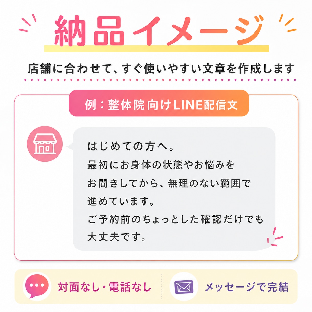 店舗向けLINE配信文を10本作成します 予約や再来店につながる文章を作ります イメージ2