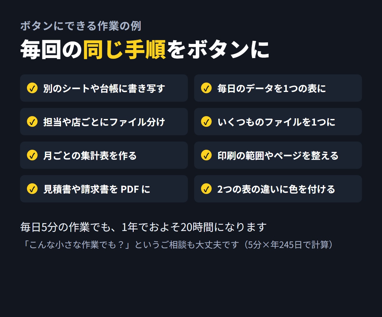 Excelの毎回の作業をVBAでボタン1つにします 毎日の転記や集計を、押すだけで終わる形に イメージ6