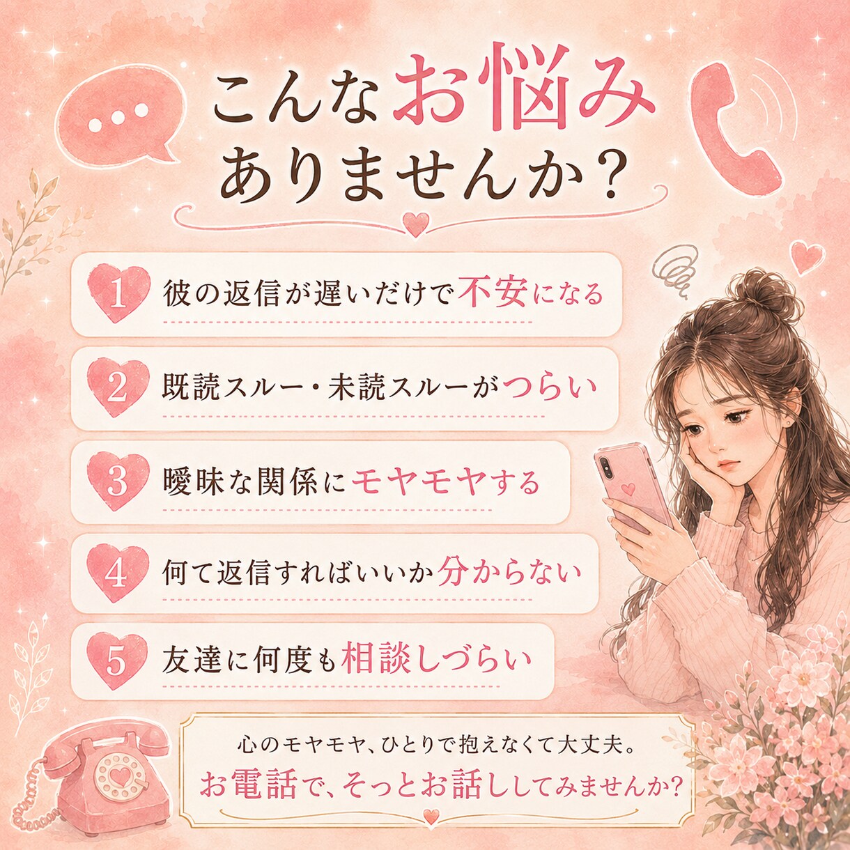 既読未読スルーで苦しい女性の本音を電話で聞きます 今夜も返信待ちで眠れないあなたの心を本音で一緒に守ります イメージ3