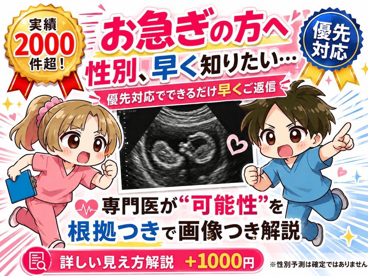お急ぎの方！納期指定で性別予測、エコー解説をします 性別予測、エコー解説について納品日ご指定のある方はこちら！ イメージ1