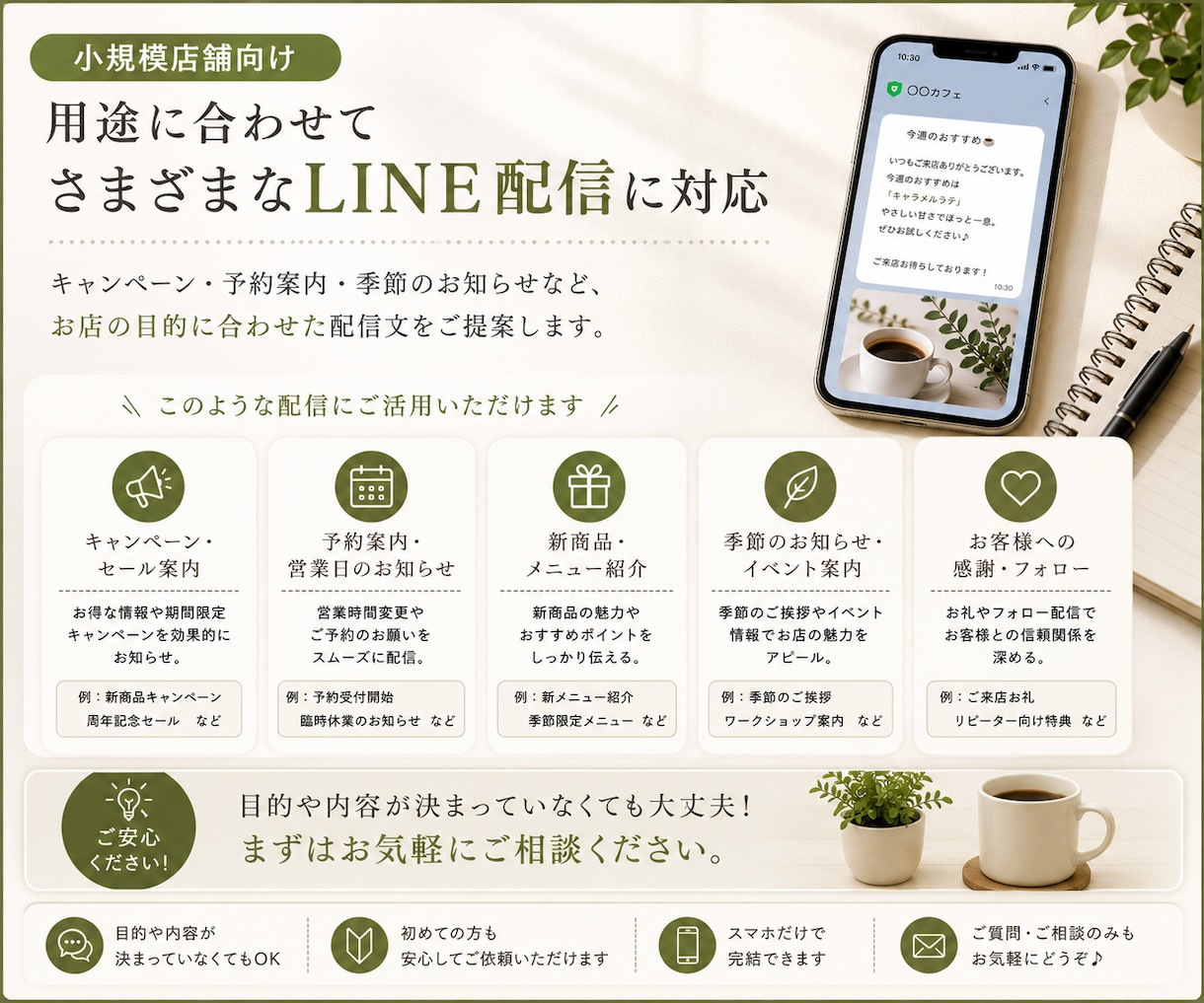 店舗向けLINE配信文を4本作成します キャンペーン・新商品・予約案内をお店らしい文章に イメージ5