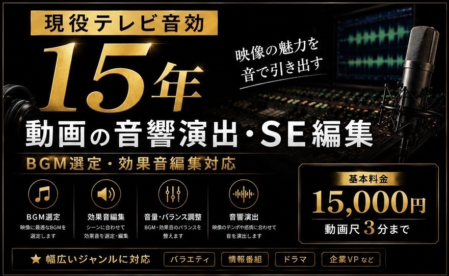 動画の音響演出・BGM選定・SE編集を承ります ｜現役テレビ音効15年｜映像の魅力を音で引き出します イメージ1