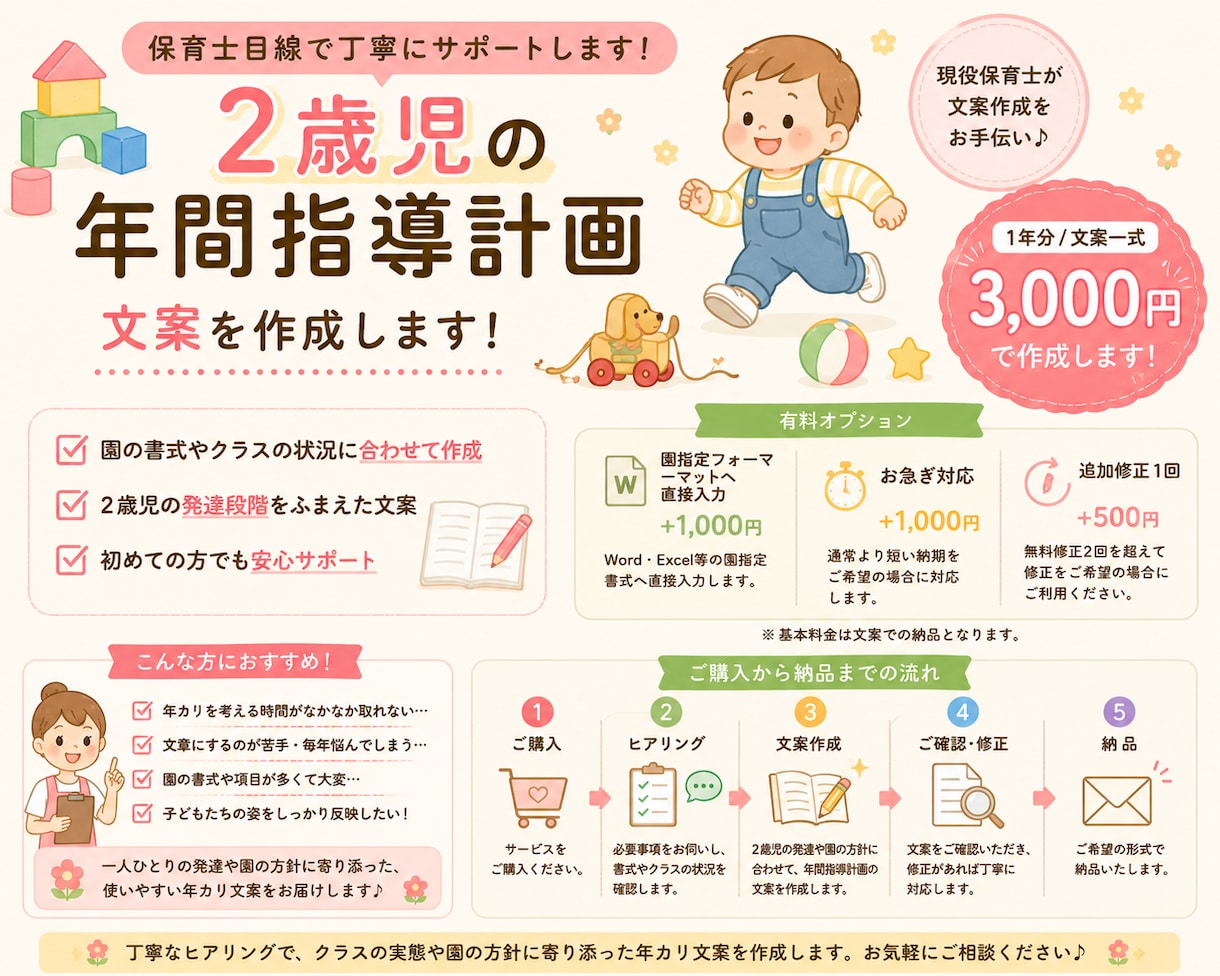 2歳児の年間指導計画を作成します 保育士目線で2歳児の発達に沿った年カリ文案を作成 イメージ1