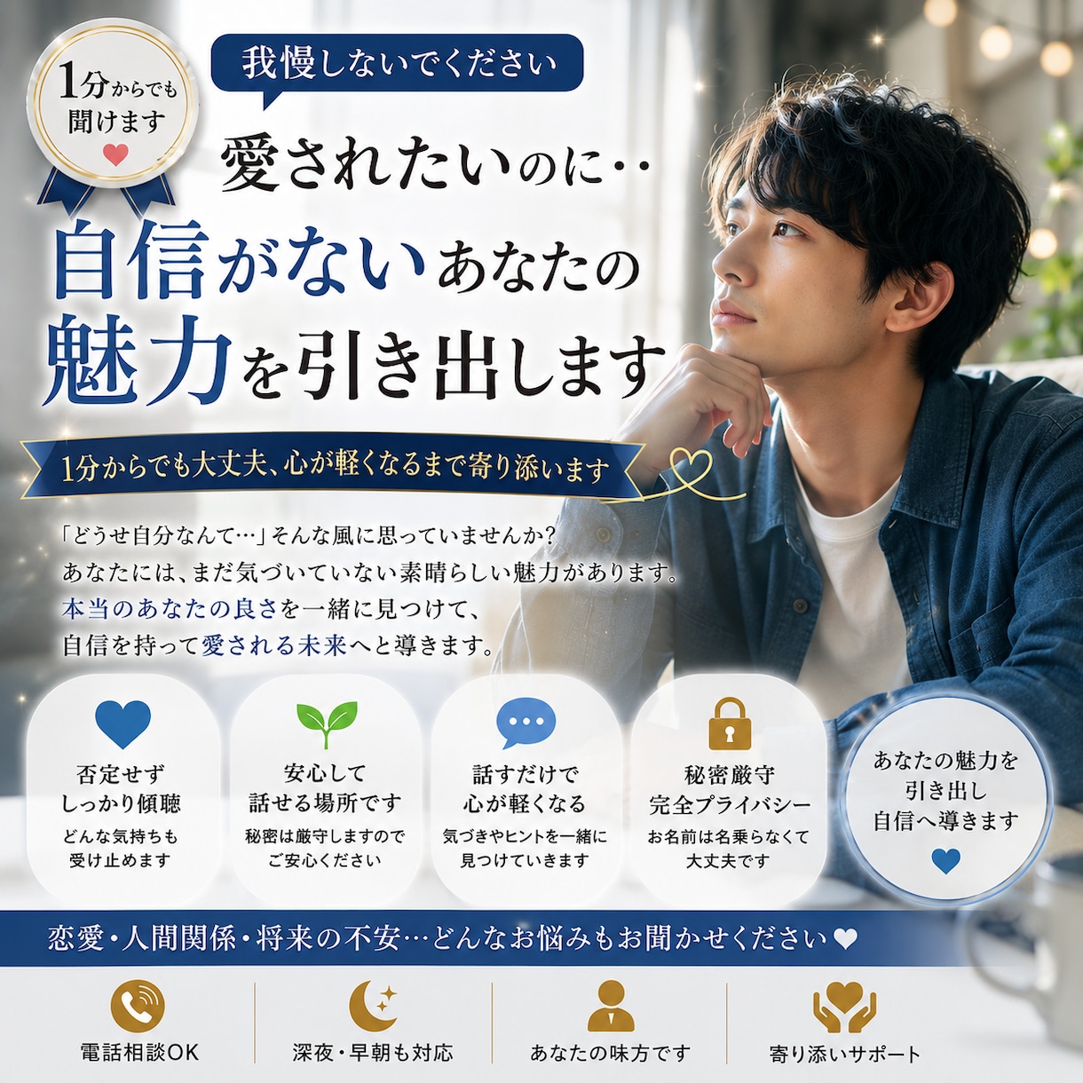 愛されたいのに・・自信がない方の魅力を引き出します 1分からでも大丈夫、心が軽くなるまで寄り添います イメージ1