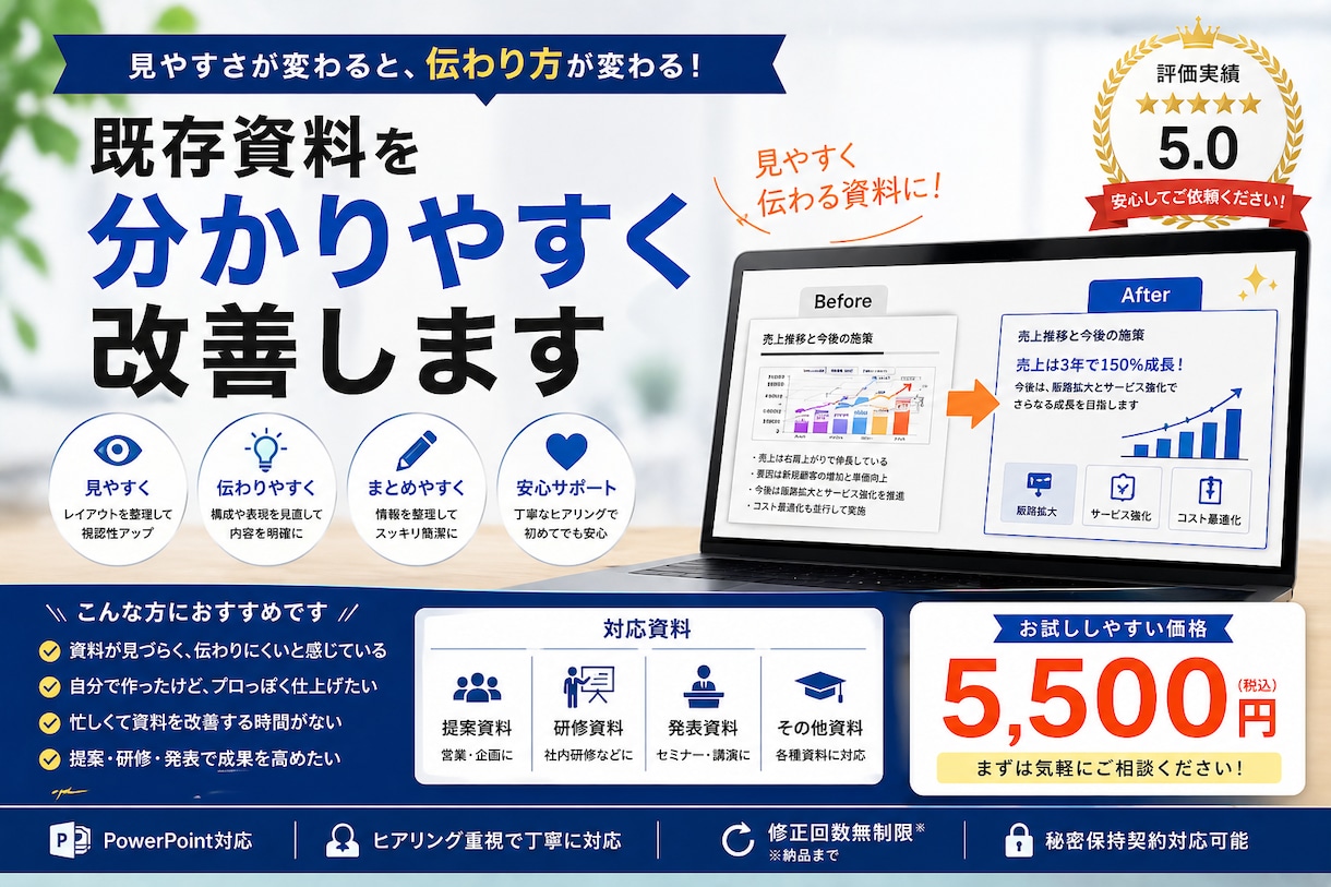 既存資料を分かりやすく改善します 見やすく・伝わる構成に整えます イメージ1