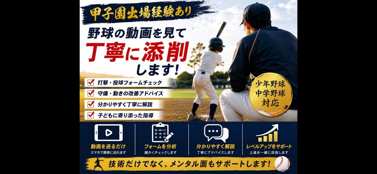 甲子園出場経験を活かし丁寧に動画添削します 親御さんからの相談も大歓迎です。一人ひとりに合わせて指導。 イメージ1