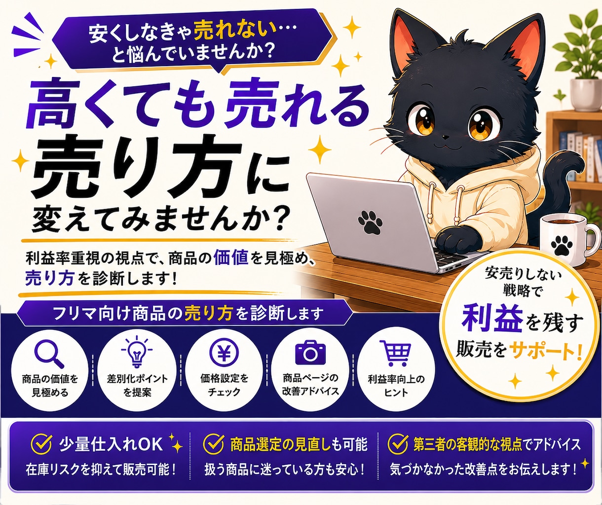 メルカリ・他フリマ商品の売り方を診断します 価格競争に疲れた方へ。安売りせず利益率重視の視点で診断 イメージ1