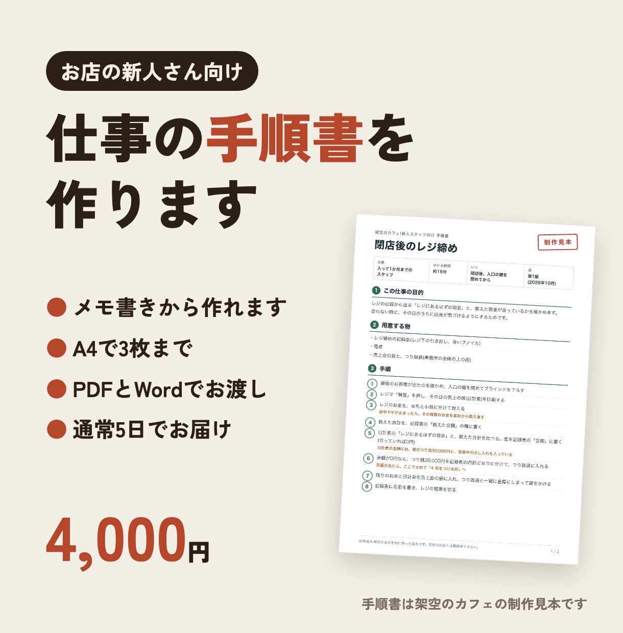 お店の新人向けに、業務の手順書を作ります メモ書きから作れます|A4で3枚まで・通常5日でお届け イメージ1
