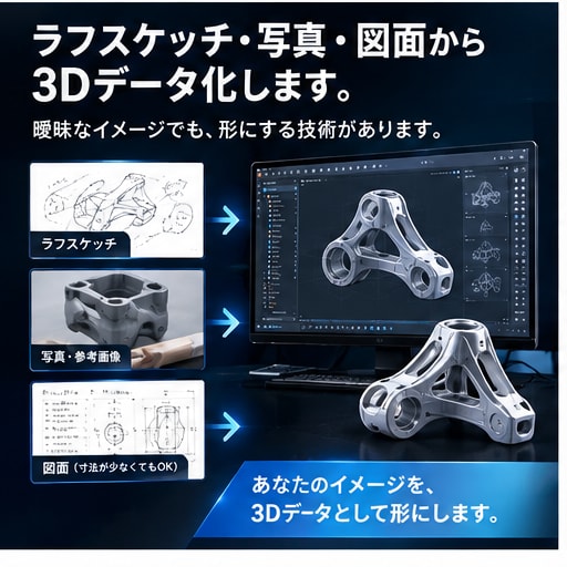 そのイメージを3Dモデルに！複雑形状も対応します 「複雑な形状も、あなたのイメージからカタチに。」 イメージ3