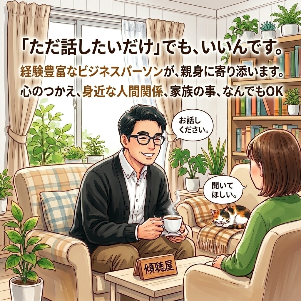 寄り添い傾聴屋があなたのお話し伺います 40代後半の紆余曲折ビジネスパーソンがあなたに寄り添います！ イメージ1