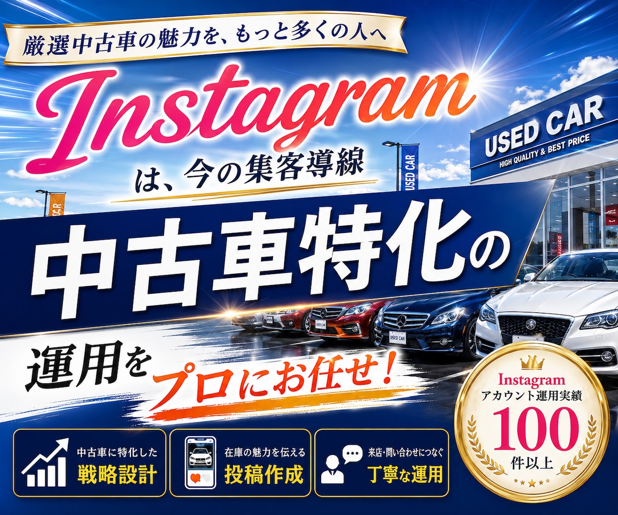 中古車業界に特化！インスタグラム運用をいたします Meta広告運用も！Facebook・Threadsも連携！ イメージ1