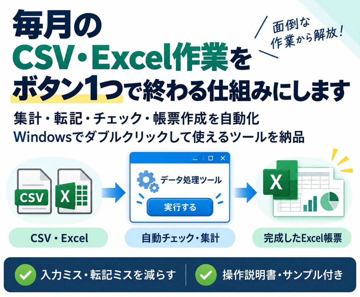 CSV・Excelの手作業を自動化します 毎月の集計・転記・帳票作成をボタン1つで簡単に完了へ イメージ1
