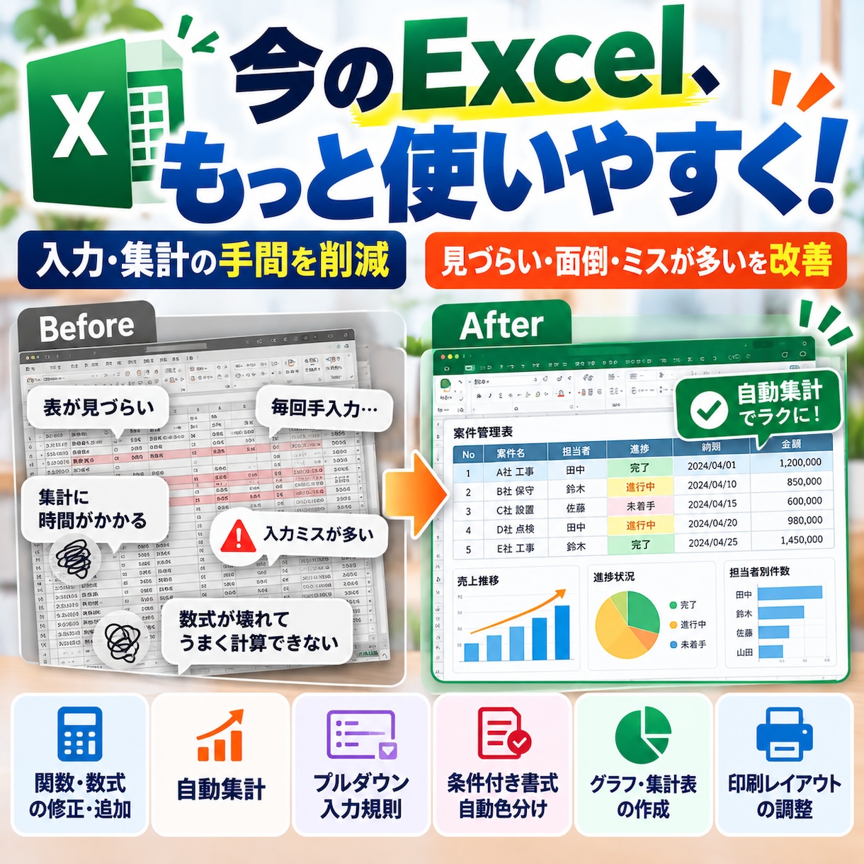 今使っているExcelを使いやすく改善します 入力・集計の手間を減らして毎日の仕事をラクに！ イメージ1