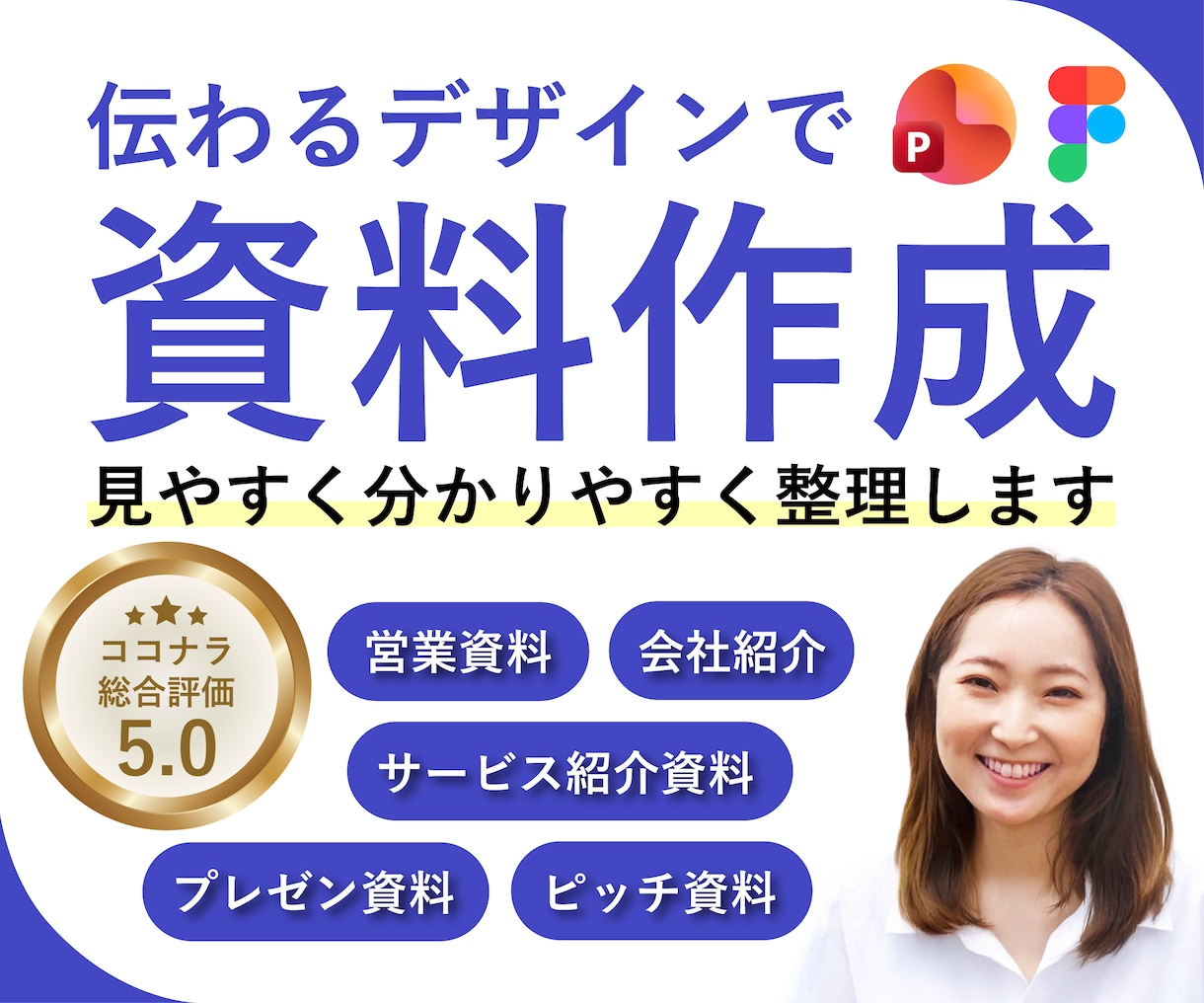 サービス紹介資料を「伝わるデザイン」に整えます なんだか伝わりにくい資料を、見やすく・分かりやすく整えます。 イメージ1