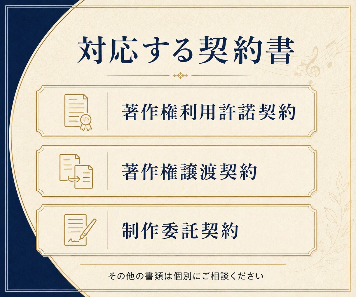 音楽家・クリエイター向け著作権契約書を作成します 利用許諾・著作権譲渡・制作委託を行政書士が文書化します イメージ3