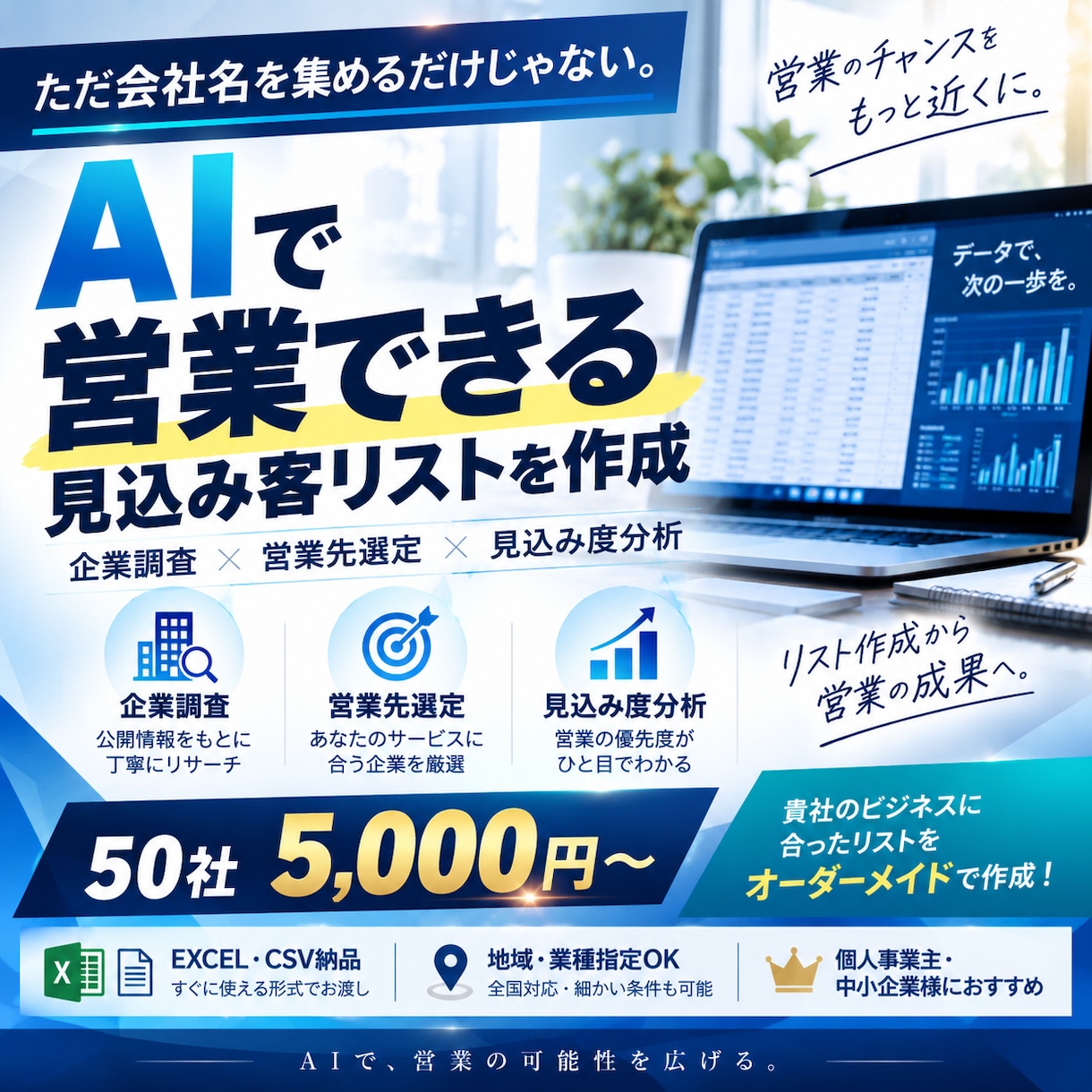 AIで見込み客の営業リストを作成します 企業情報を集めて営業先の選定・分析までAIで効率化します イメージ1