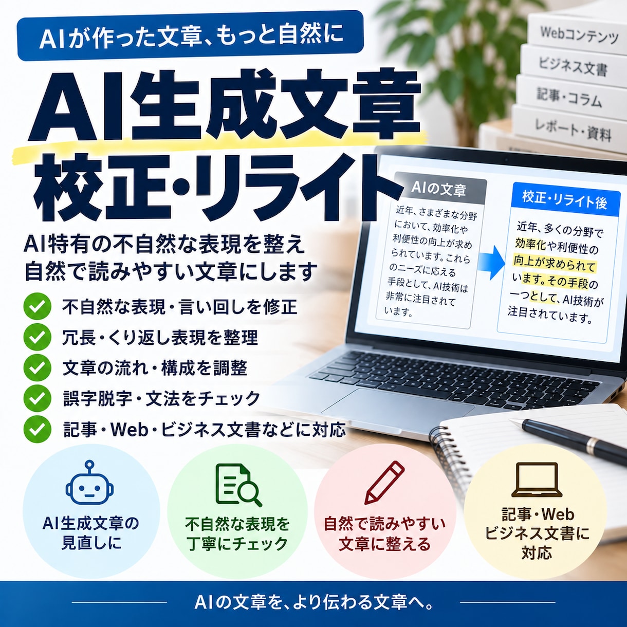 AI生成文章を自然で読みやすく校正・リライトします AI特有の不自然な表現を人の目で丁寧に整えます イメージ1